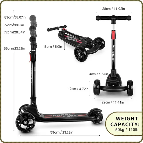 Miniatura 8 de Besrey - Patinete para niños de 3 a 10 años, patinete plegable de 3 ruedas con altura ajustable, ruedas con luz LED, plataforma extra ancha