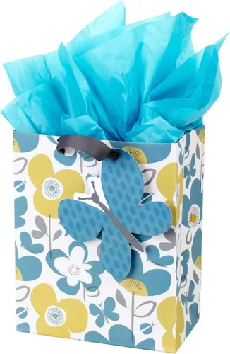 Hallmark Bolsa de regalo mediana de 9" con papel de seda (flores y mariposas; turquesa y amarillo) para cumpleaños, Día de la Madre, despedidas de