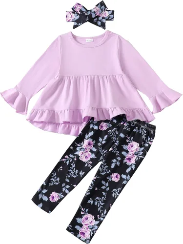 Miniatura 72 de Kucnuzki Conjunto de ropa para bebé niña pequeña, camisa de manga con volantes, pantalón floral, ropa de otoño e invierno para niña