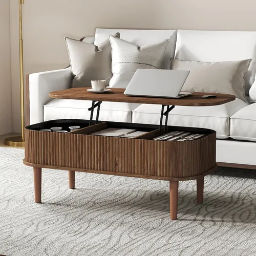 Miniatura 12 de Mesa de centro acanalada con tapa elevable y almacenamiento oculto, mesa de centro ovalada con tapa elevable, diseño moderno de mediados de siglo