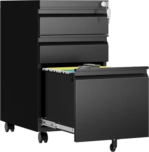 Miniatura 11 de Gabinete archivador de 2 cajones, gabinetes archivadores móviles totalmente montados con cerradura, gabinete archivador de metal rodante con ruedas