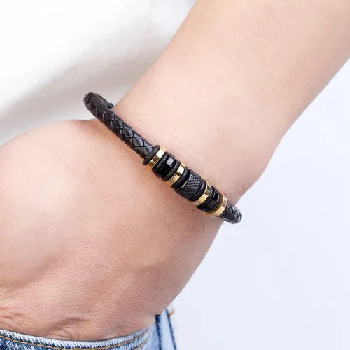 Miniatura 5 de NAIQUBE Mens Leather Bracelet Stainless Steel Wristband Cuff Braided Leather Bracelet For Men Birthday Jewerly Gift 8.26 inch