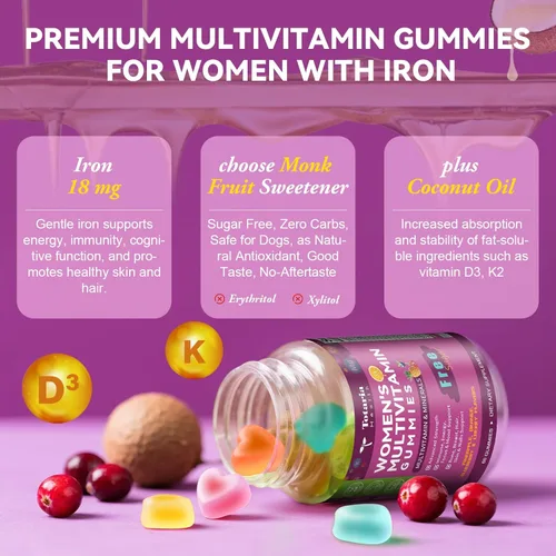 Miniatura 6 de Totaria Gomitas multivitamínicas sin azúcar para mujer con hierro, multivitamínico para mujer con vitaminas C, D3 K2, B12, B6, gomitas rellenas