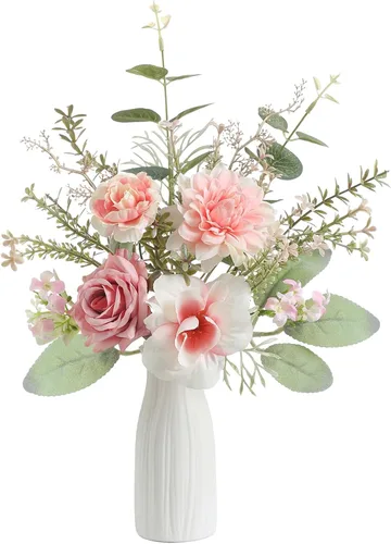 Miniatura 12 de Flores artificiales pequeñas de 11.8 pulgadas en jarrón de cerámica, centro de mesa de flores de seda púrpura para mesa de comedor, oficina, boda