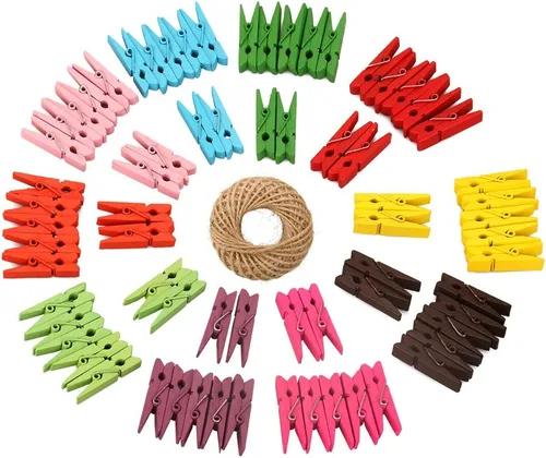 jijAcraft 100 pinzas para la ropa con cuerda, alfileres de madera de 1.4 pulgadas con cordel de yute de 98 pies, clips de fotos de 10 colores, clips