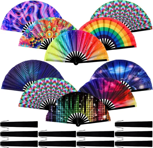Miniatura 8 de Pinkunn 10 ventiladores plegables de mano con varillas de bambú y estuche para festivales, manualidades, rave, arco iris, para regalos de fiesta
