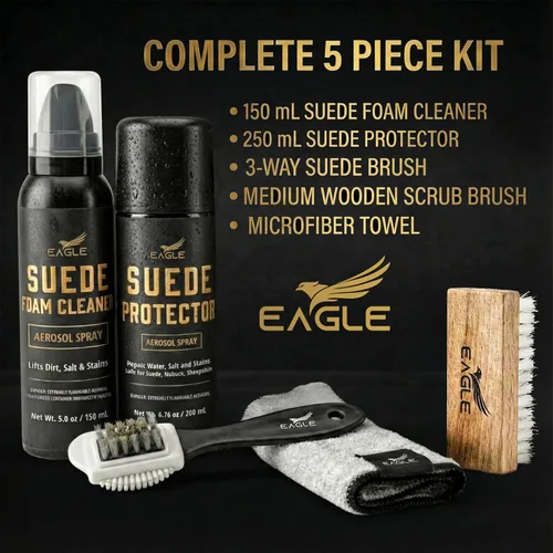 Miniatura 5 de Eagle Kit de limpieza de gamuza y nobuck – Juego de 5 piezas con limpiador de gamuza de espuma y spray protector, cepillo de 3 vías, cepillo