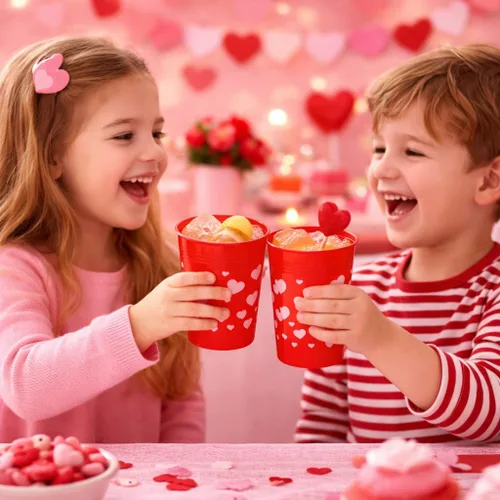 Miniatura 3 de 4E's Novelty Vasos reutilizables de plástico para el día de San Valentín para niños, 8 onzas, paquete de 12, vasos rojos con corazones, suministros