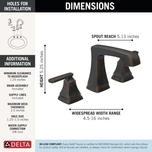 Miniatura 4 de Delta Ashlyn 3564-RBMPU-DST - Grifo de baño de bronce aceitado de 3 agujeros, 8 pulgadas para tocador, montaje de drenaje de metal Push-Pop Bronce