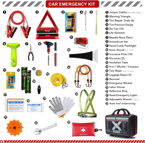 Miniatura 3 de KITGO Kit de Emergencia para Automóvil en Carretera (137 Piezas), con Cable Puente, Kit de Rescate de Seguridad Vial para Automóvil, Kit de Negro