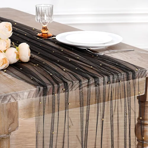 Miniatura 18 de LuoluoHouse Camino de Mesa de Perla para Centros de Mesa de Boda: Camino de Mesa de Perla de 10 pies, Decoración de Mesa de 29x120 Pulgadas de Tul