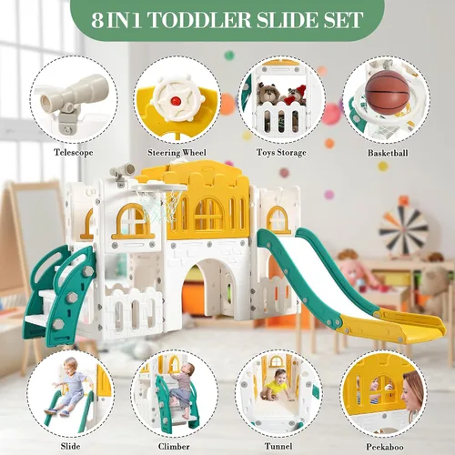 Miniatura 3 de Juego de toboganes 8 en 1 para niños, centro de actividades para interiores y exteriores, juego de tobogán escalador para niños con aro