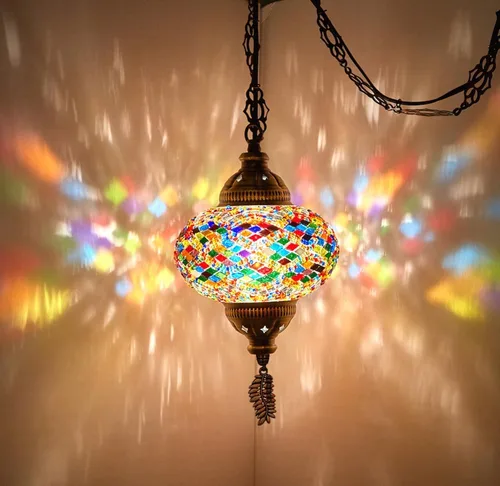 DEMMEX Lámpara colgante enchufable de mosaico turco auténtico tipo swag, globo grande de 6.5 pulgadas - Lámpara de techo colgante marroquí - Cable y