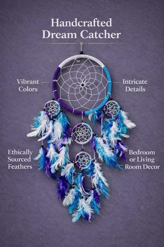 Miniatura 4 de OMA Atrapasueños – Colores tradicionales de tie-dye hechos a mano, plumas turquesa, morado y blanco – Tamaño grande – 9 pulgadas de diámetro y 30