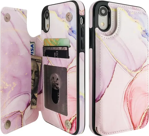 Miniatura 11 de HAOPINSH Funda tipo cartera para iPhone XR con tarjetero, diseño de mármol rosa y azul en la parte trasera, de piel sintética, con ranuras