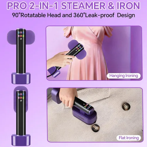 Miniatura 2 de Vaporizador de ropa de 1300 W 2 en 1,15 s de calentamiento rápido, 6 modos LED, tanque a prueba de fugas de 6.4 fl oz, vaporizador de viaje portátil