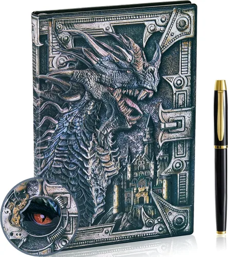 Miniatura 8 de Cuaderno de escritura de diario de dragón en relieve 3D con juego de bolígrafos, diario DND de tapa dura hecho a mano, bloc de notas diario