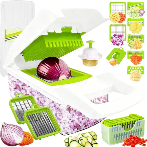 Miniatura 9 de Picador de verduras, picador de cebolla, picador de alimentos multifuncional 13 en 1, cortador de verduras de cocina, picador de verduras Gris