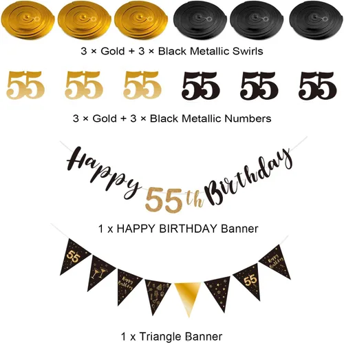 Miniatura 2 de BRT Bearingshui Kit de decoración de cumpleaños número 55 para hombres y mujeres, pancarta de feliz cumpleaños 55, serpentinas de remolinos