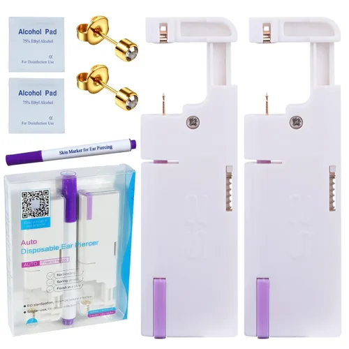 Firstomato Juego de 2 piercings desechables para la oreja, pistola de perforación de oreja, kit de perforación de cartílago con aretes oro de 24