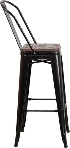 Miniatura 7 de Merrick Lane Amsterdam Taburete de bar – Silla de bar de metal negro antiguo con asiento de madera – Taburete de cocina con respaldo curvado