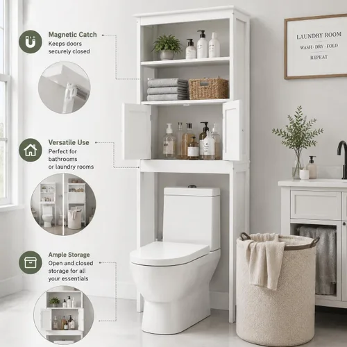 Miniatura 4 de Estantes de baño sobre el inodoro con 2 puertas de madera sobre el inodoro, organizador de baño independiente sobre el inodoro, color blanco
