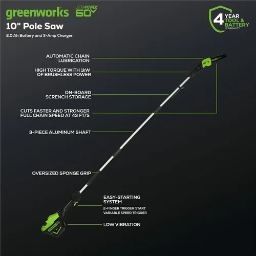 Miniatura 2 de Greenworks 60V sierra de poste sin cable sin escobillas de 10 pulgadas, alcance de 14.5 pies, batería de 2.0Ah y cargador