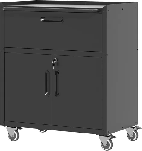 Armario de almacenamiento de metal para garaje con ruedas, gabinete rodante con cerradura para herramientas con cajón y estantes, gabinete móvil de
