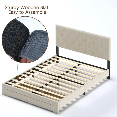 Miniatura 6 de NSdirect Base de cama tamaño Queen con cajón de almacenamiento, base de cama tapizada de terciopelo con 2 cajones de almacenamiento y estación