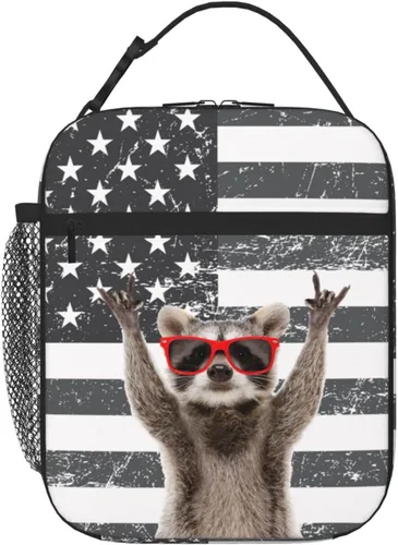 Divertida lonchera de mapache para hombres y mujeres, con bandera estadounidense, pequeña bolsa de almuerzo para oficina, trabajo, picnic, 6