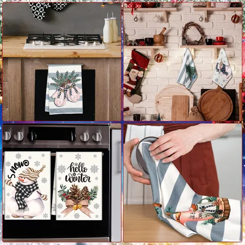 Miniatura 5 de Sratte 6 piezas de toallas de cocina navideñas, toallas de mano de muñecos de nieve de invierno, toallas absorbentes de árbol de Navidad y renos