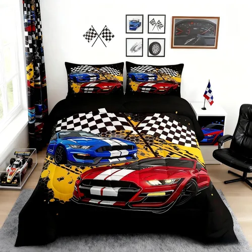 Miniatura 24 de Castle Fairy Juego de edredón con bandera a cuadros en blanco y negro para niños, niñas, mujeres y adultos, edredón con temática de carreras, juego