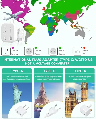 Miniatura 2 de Alitayee - Adaptador de enchufe de viaje europeo, regleta de alimentación de viaje UE/Reino Unido y EE. UU. con 3 tomacorrientes, 3 puertos USB