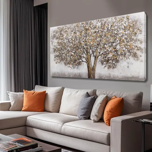 CHUDANHAO Pósteres de Arte Grises Imágenes de Decoración de Pared de Árbol Grande para Oficina Arte de Pared Dorado y Blanco Pintura Botánica para