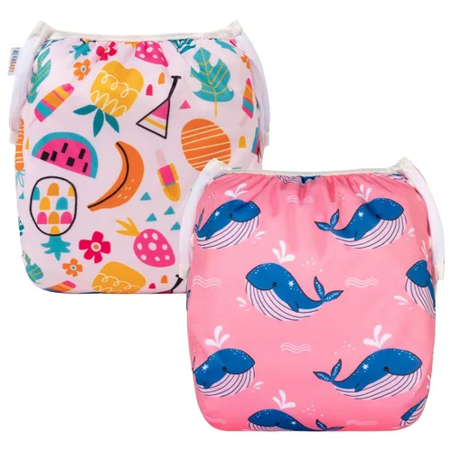 Miniatura 144 de Alva, Pañales de bebé para nadar, paquete de 2 unidades, talle único, reutilizable, lavable y ajustable de 0 a 36 meses. Tamaño de 10 a 40 lbs