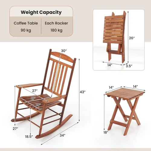 Miniatura 4 de Tangkula Juego de 3 sillas mecedoras de madera de álamo para exteriores, con respaldo alto, sillas mecedoras para porche delantero, juego