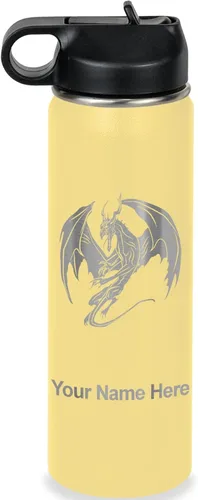 Miniatura 23 de LaserGram Botella de agua con tapa abatible de doble pared de 12 onzas con pajilla, dragón, grabado personalizado incluido (negro)