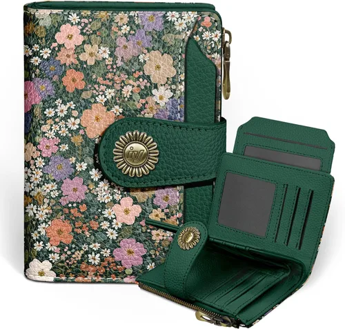 Miniatura 17 de Icycay Cartera pequeña para mujer, plegable con bloqueo RFID, soporte para tarjetas de crédito, bolsillo con cremallera para monedas, piel