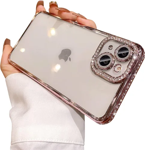 Miniatura 20 de Funda compatible con iPhone 11 Pro Max con protector de lente de cámara de diamante con purpurina, bonita funda de cristal transparente a prueba