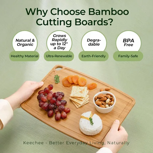 Miniatura 6 de Keechee Tabla de cortar de bambú apta para lavavajillas, tabla de cortar de madera ligera y duradera, reversible con ranura para jugos, fácil