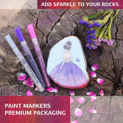 Miniatura 5 de Rotuladores de pintura acrílica con purpurina, bolígrafos medianos para pintura roca, piedra, cerámica, vidrio, madera, tela, tarjetas, lienzo