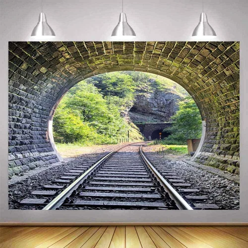 Miniatura 7 de Telón de fondo de pista de tren de 5 x 3 pies, túnel de montaña, ladrillo vintage, Sunmmer, paisaje, árboles verdes, sol, adulto, hombre, niño