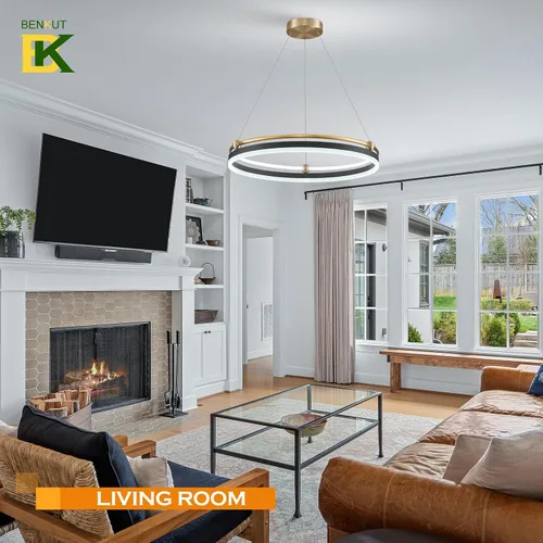 Miniatura 9 de Benkut Lámpara colgante LED moderna D24 pulgadas, color negro dorado, lámpara LED circular regulable, 1 anillo con control remoto, luz colgante