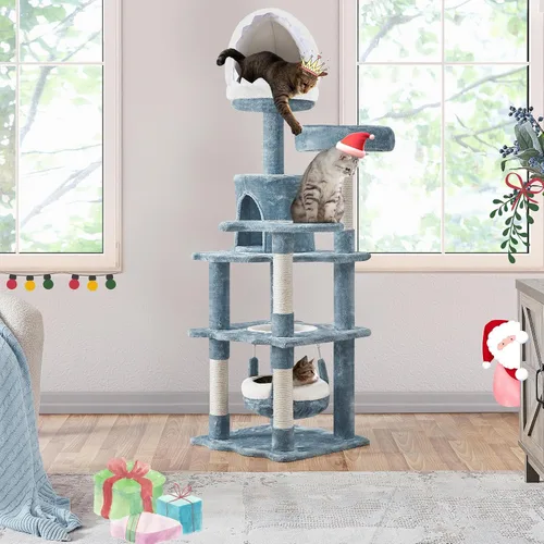 Miniatura 2 de Yaheetech Árbol para gatos con temática oceánica de 61 pulgadas de alto, torre para gatos de varios niveles con nido en forma de boca de tiburón