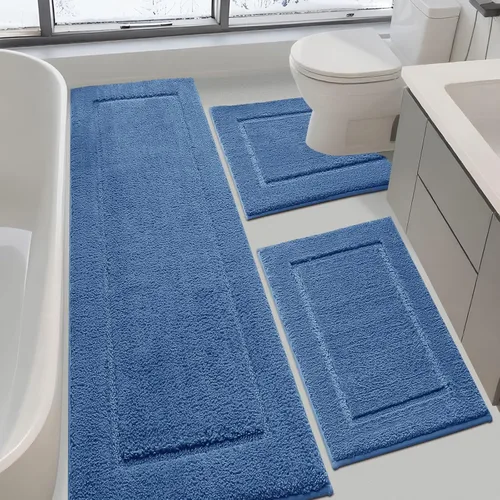 Miniatura 25 de Juego de alfombras de baño de 3 piezas de color blanco hueso, ultra suave, gruesa, esponjosa, microfibra absorbente, parte trasera antideslizante