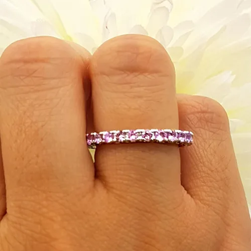 Miniatura 3 de Dazzlingrock Collection Anillo apilable de 1,80 quilates (quilates) de zafiro rosa redondo de 14 quilates para mujer, oro blanco
