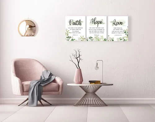Miniatura 2 de Fe, Esperanza y Amor Arte de Pared con Versículos de la Biblia - Inspirador Arte Cristiano en Lienzo, Gran Decoración Religiosa para Sala de Estar