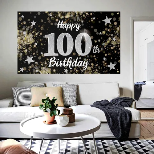 Miniatura 6 de Decoración de feliz cumpleaños número 100, cartel grande de fondo de cumpleaños con estrella de ensueño negro y plateado de 100 años, decoración