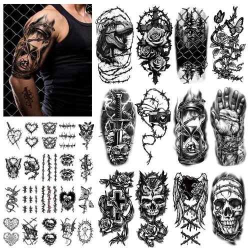 Miniatura 13 de Tatuajes temporales para adultos, manga completa, tatuajes falsos tradicionales de la vieja escuela, tatuajes de rosas de flores para mujeres