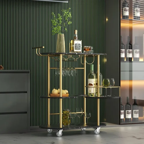Miniatura 7 de Carritos de bar negros PAUKIN con estantes de almacenamiento de 4 niveles, carrito de servicio de bar móvil con estante para vino y soporte